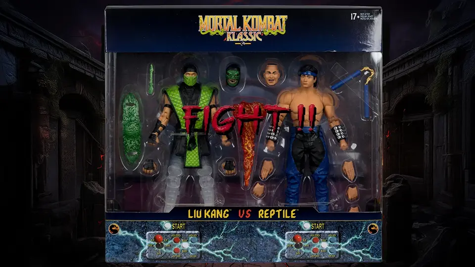 A First Look at the Mortal Kombat Klassic Raiden & Liu Kang vs Reptile Figures 10 Mortal Kombat Klassic deluxe 2 pack Raiden Liu Kang vs Reptile Box art