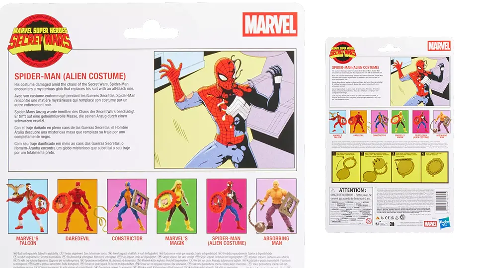 Back of Marvel Legends Secret Wars Spider-Man Alien Costume packaging with comic artwork and figure lineup