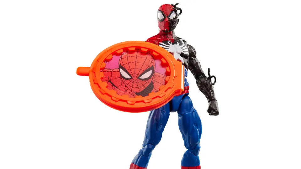 Marvel Legends Secret Wars Spider-Man lenticular shield accessory with comic-style artwork
