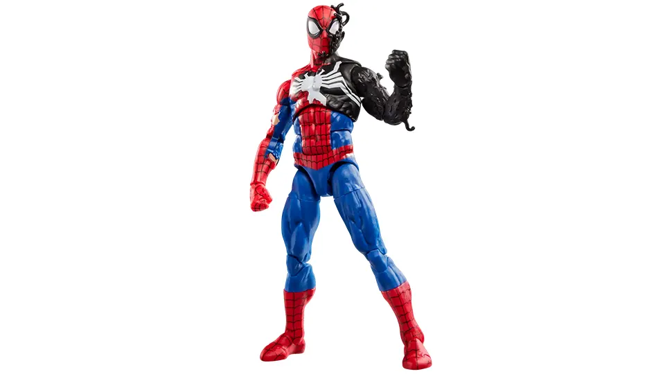 Marvel Legends Symbiote Spider-Man Secret Wars figure crouching with partial black alien costume and tendril details