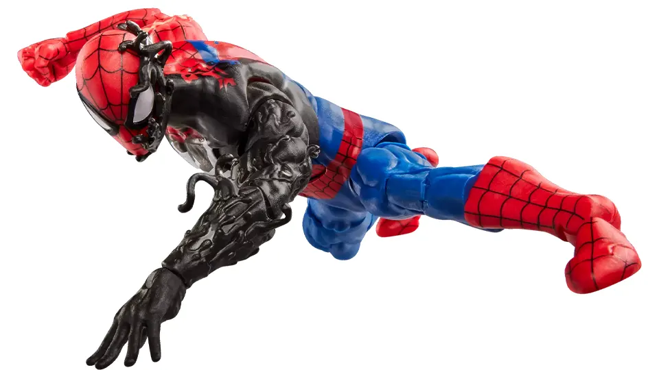 Marvel Legends Spider-Man symbiote transformation figure crawling with textured black alien arm